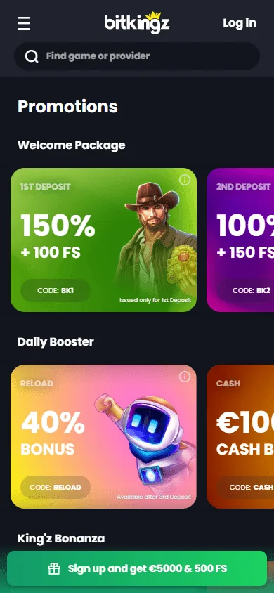 Bitkingz Casino mobile promotions screen
