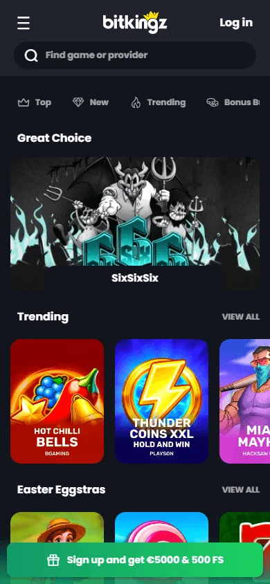 Bitkingz Casino mobile games screen